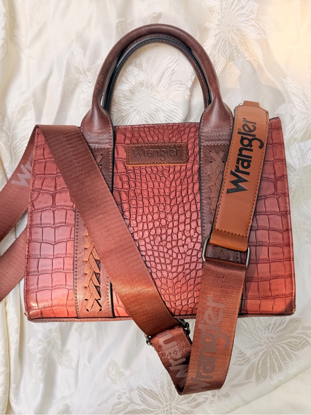 Wrangler Croc-Embossed Chestnut Brown Leather Tote with Logo Strap